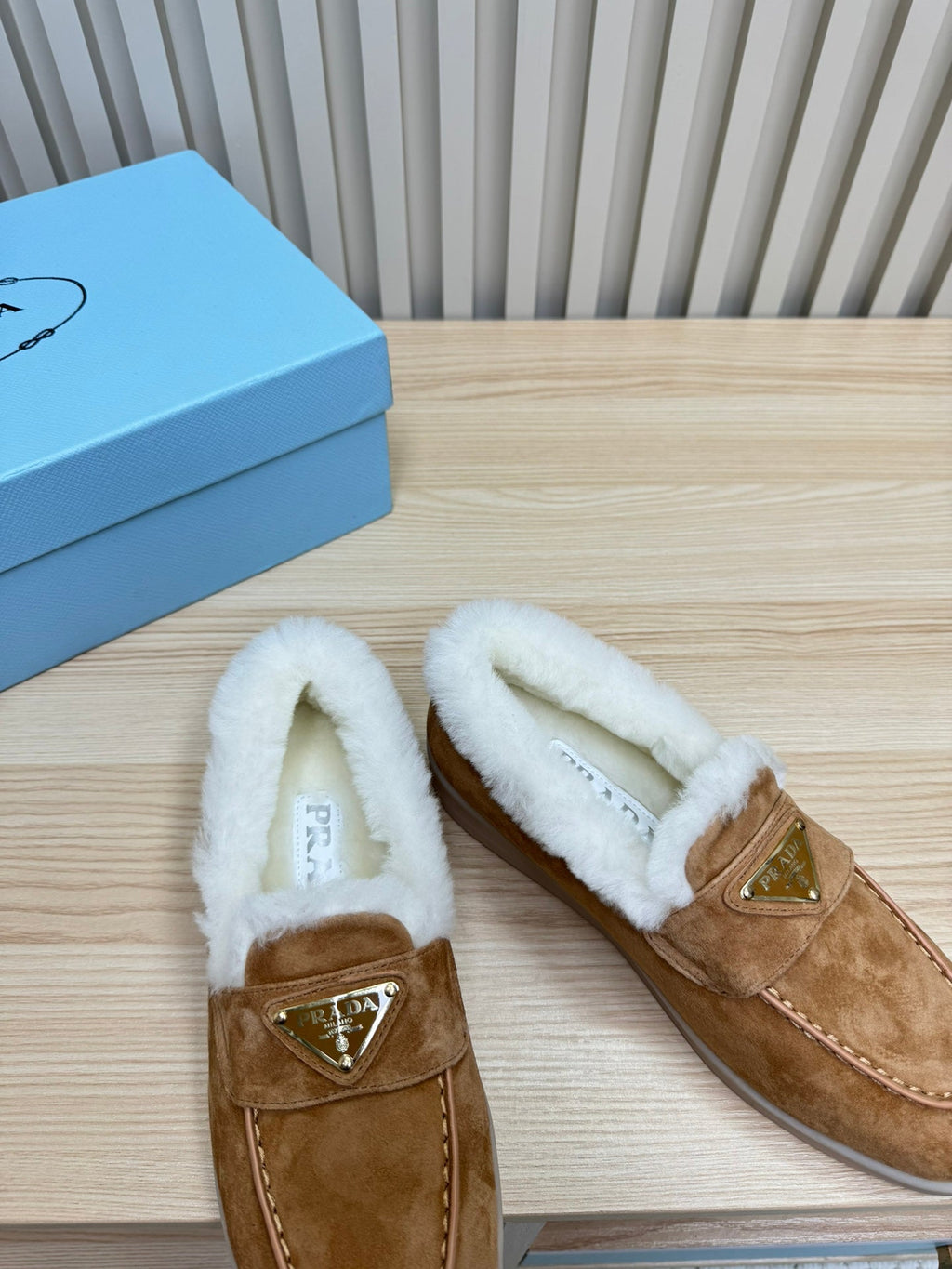 PRADA SUEDE LOAFER IN TAN BROWN WITH SHEARLING LINING