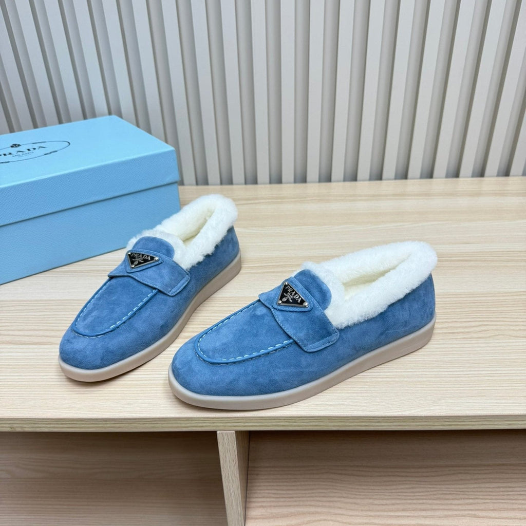 PRADA LOAFER IN AZURE BLUE SUEDE AND FUR LINING ATTACHED TRIANGLE LOGO