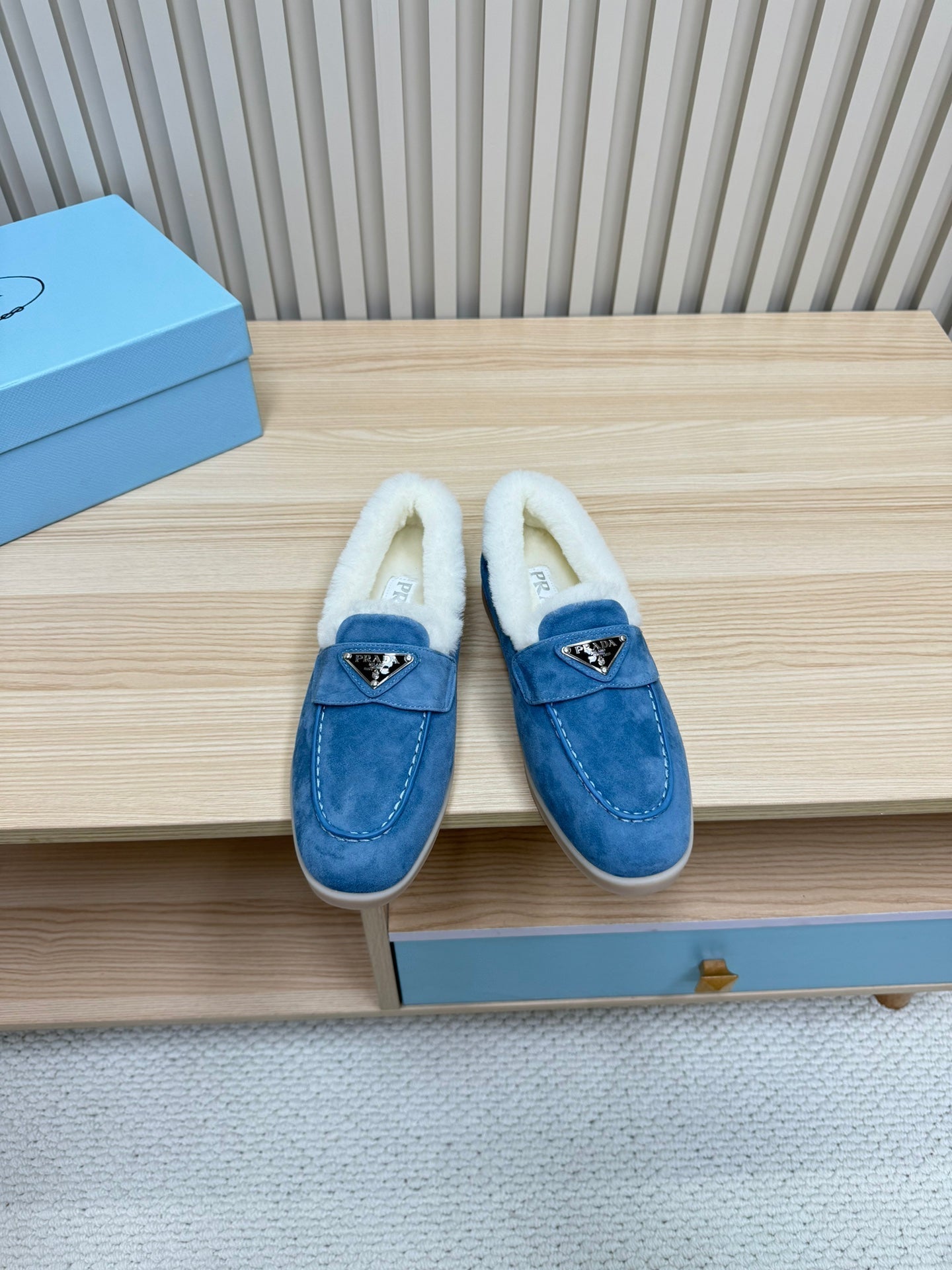 PRADA LOAFER IN AZURE BLUE SUEDE AND FUR LINING ATTACHED TRIANGLE LOGO
