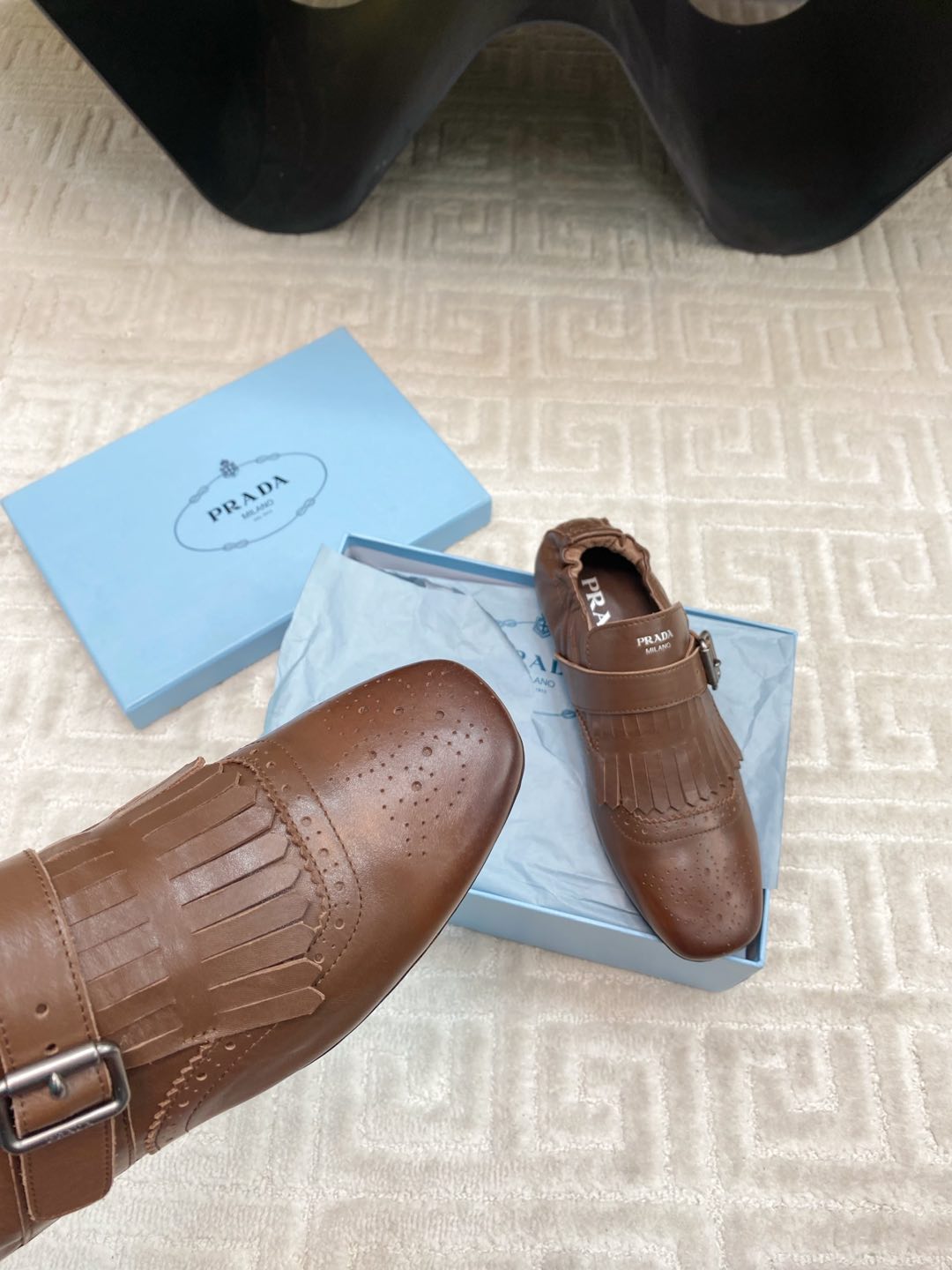 PRADA TASSEL LOAFERS IN RUSSET BROWN LAMBSKIN