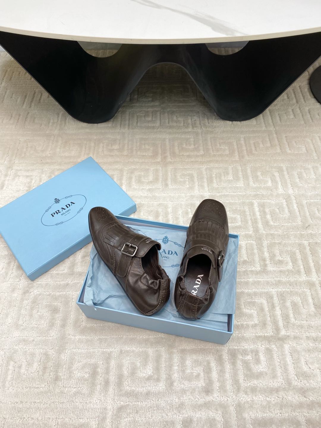 PRADA TASSEL LOAFERS IN WALNUT BROWN LAMBSKIN