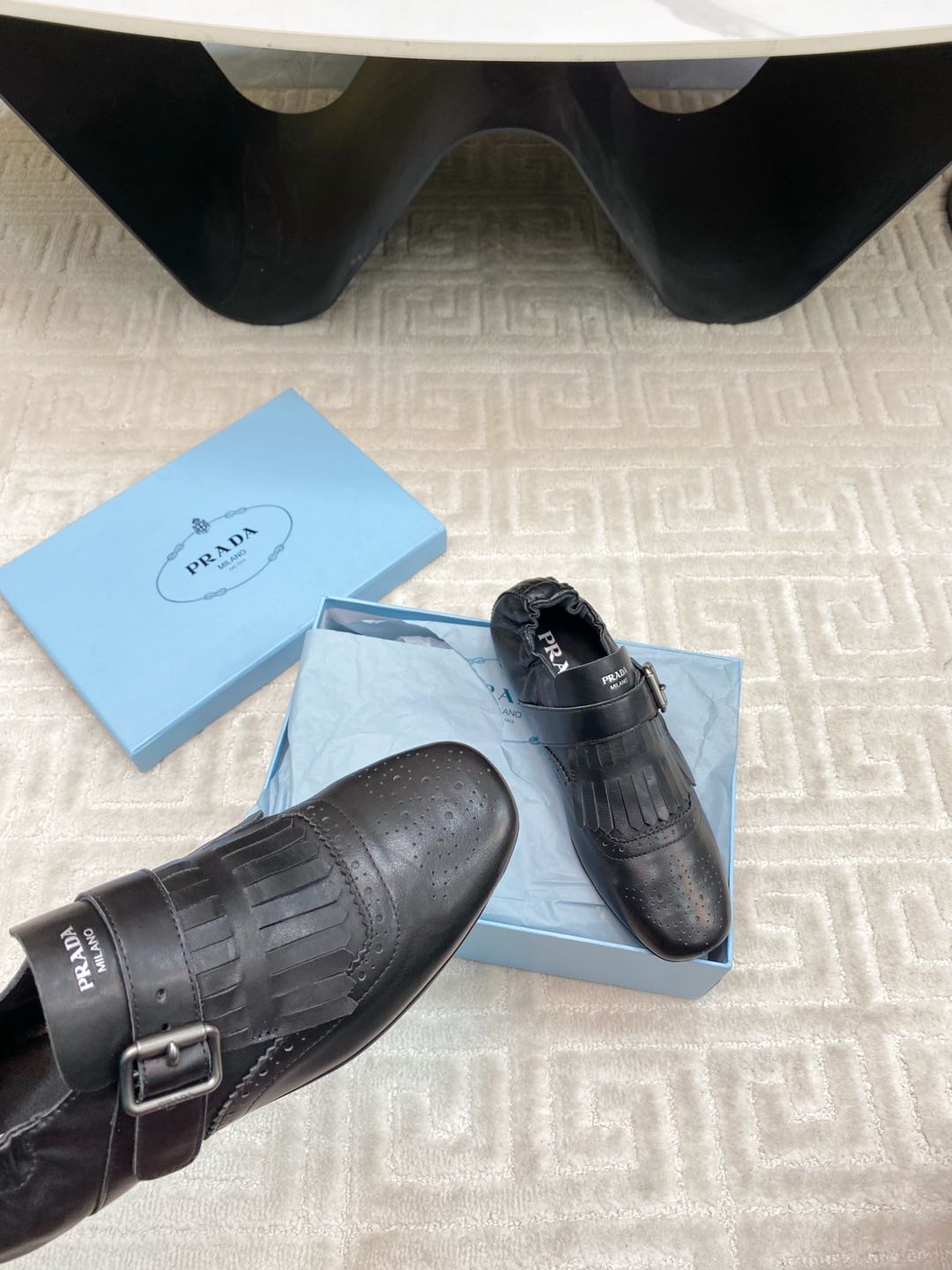 PRADA TASSEL LOAFERS IN BLACK LAMBSKIN