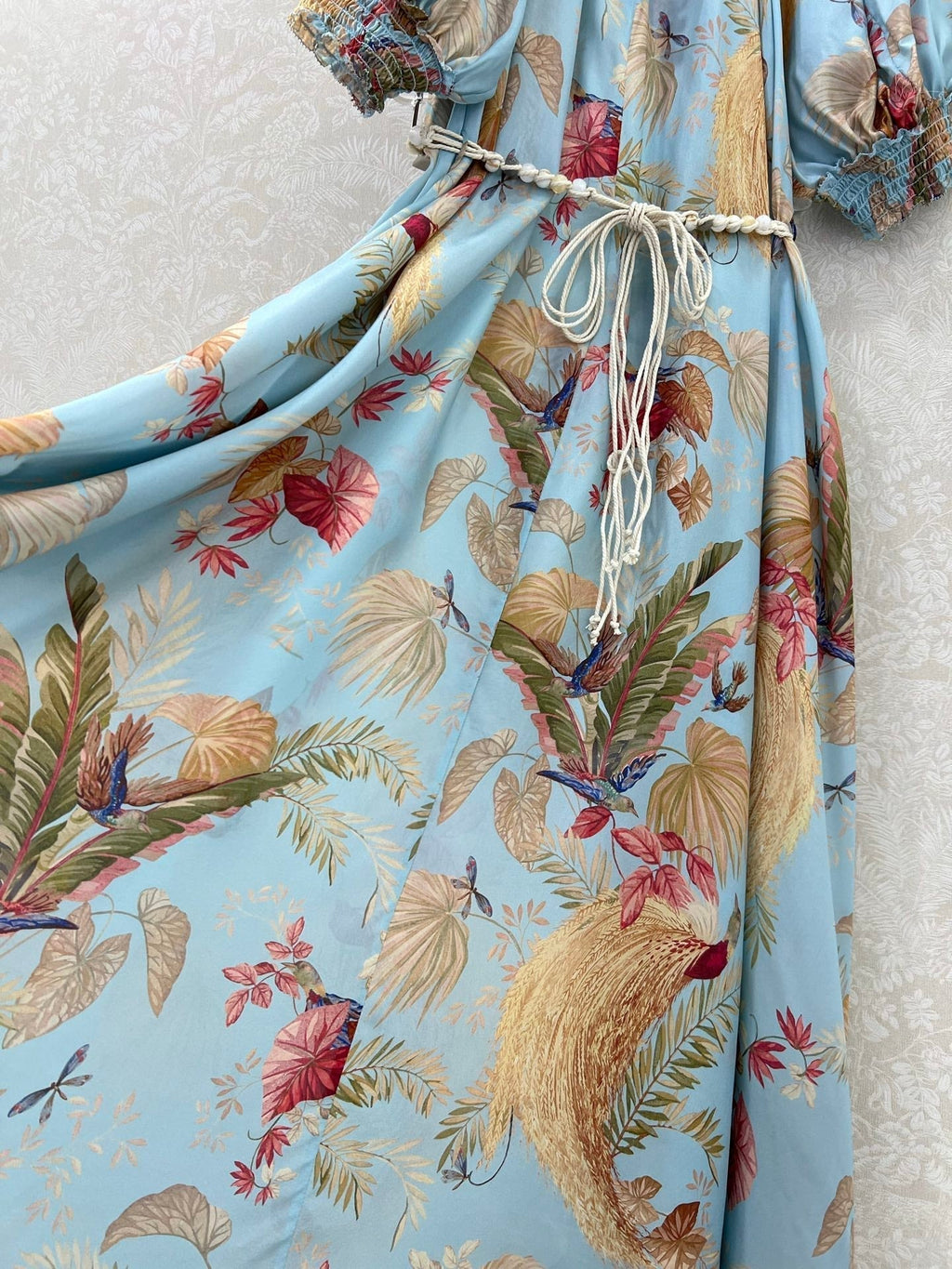 ZIMMERMANN PUFF-SLEEVE FLORAL FEATHER SILK DRESS 275074