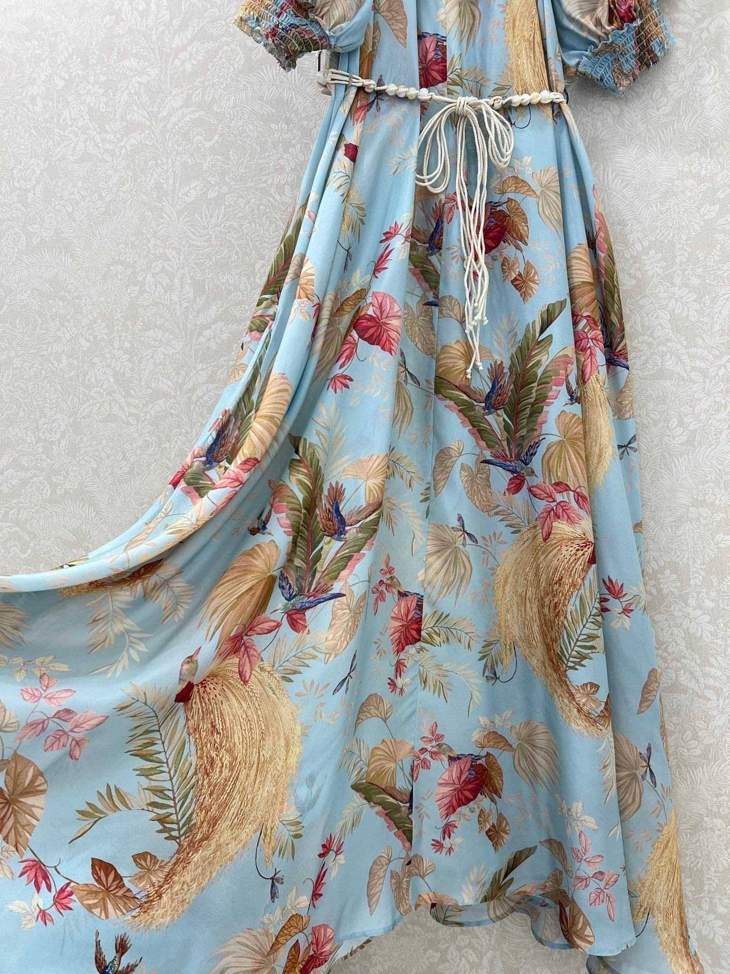 ZIMMERMANN PUFF-SLEEVE FLORAL FEATHER SILK DRESS 275074