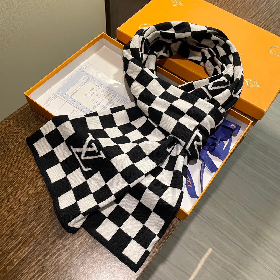 LOUIS VUITTON DAMIER SCARF 200 CM IN BLACK MIX WHITE CASHMERE 388193