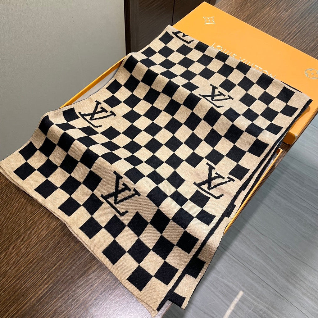 LOUIS VUITTON DAMIER SCARF 200 CM IN BLACK MIX TAN BEIGE CASHMERE 388194