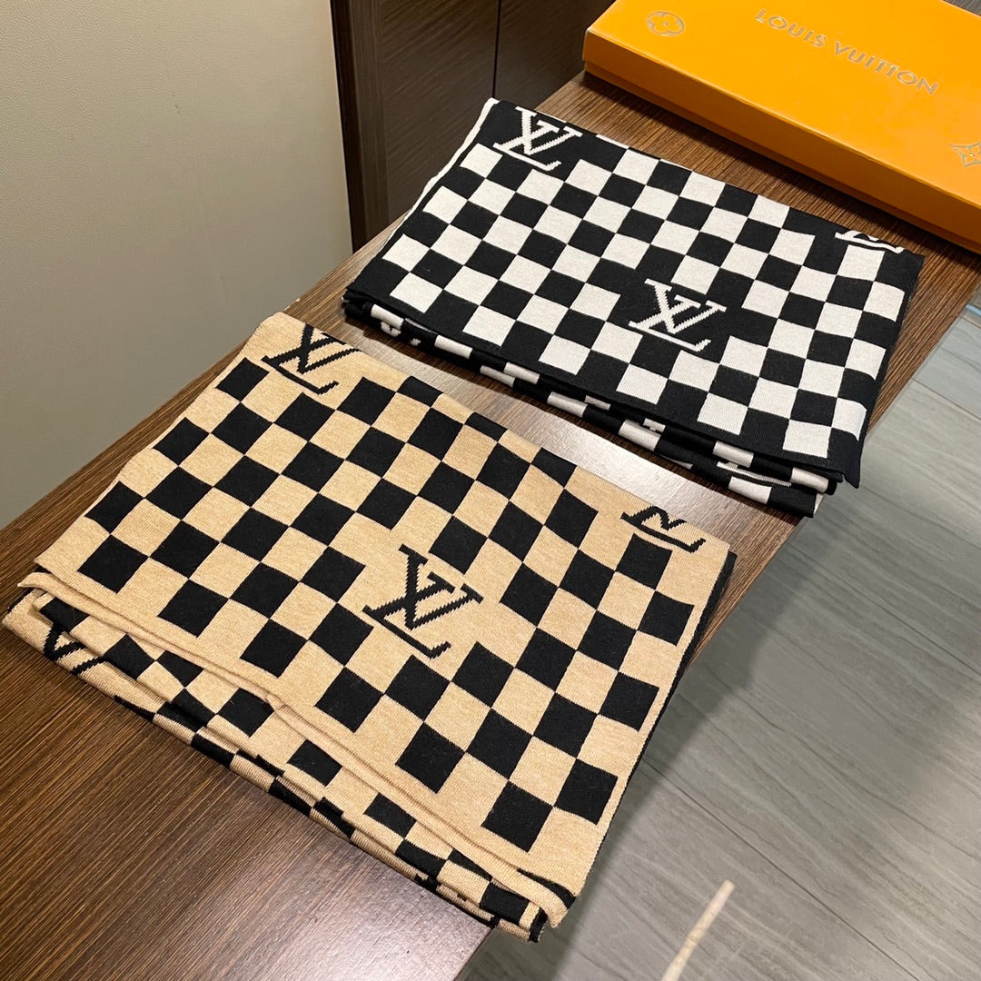 LOUIS VUITTON DAMIER SCARF 200 CM IN BLACK MIX TAN BEIGE CASHMERE 388194