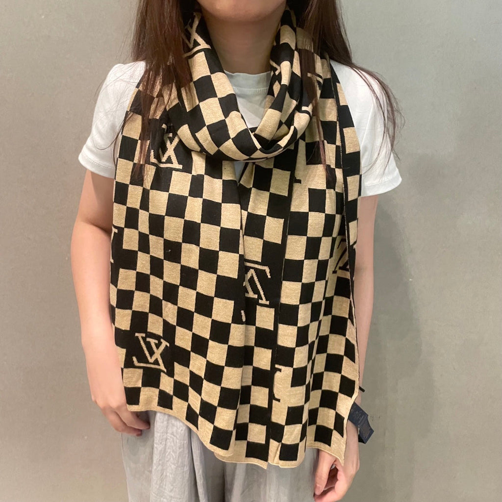 LOUIS VUITTON DAMIER SCARF 200 CM IN BLACK MIX TAN BEIGE CASHMERE 388194