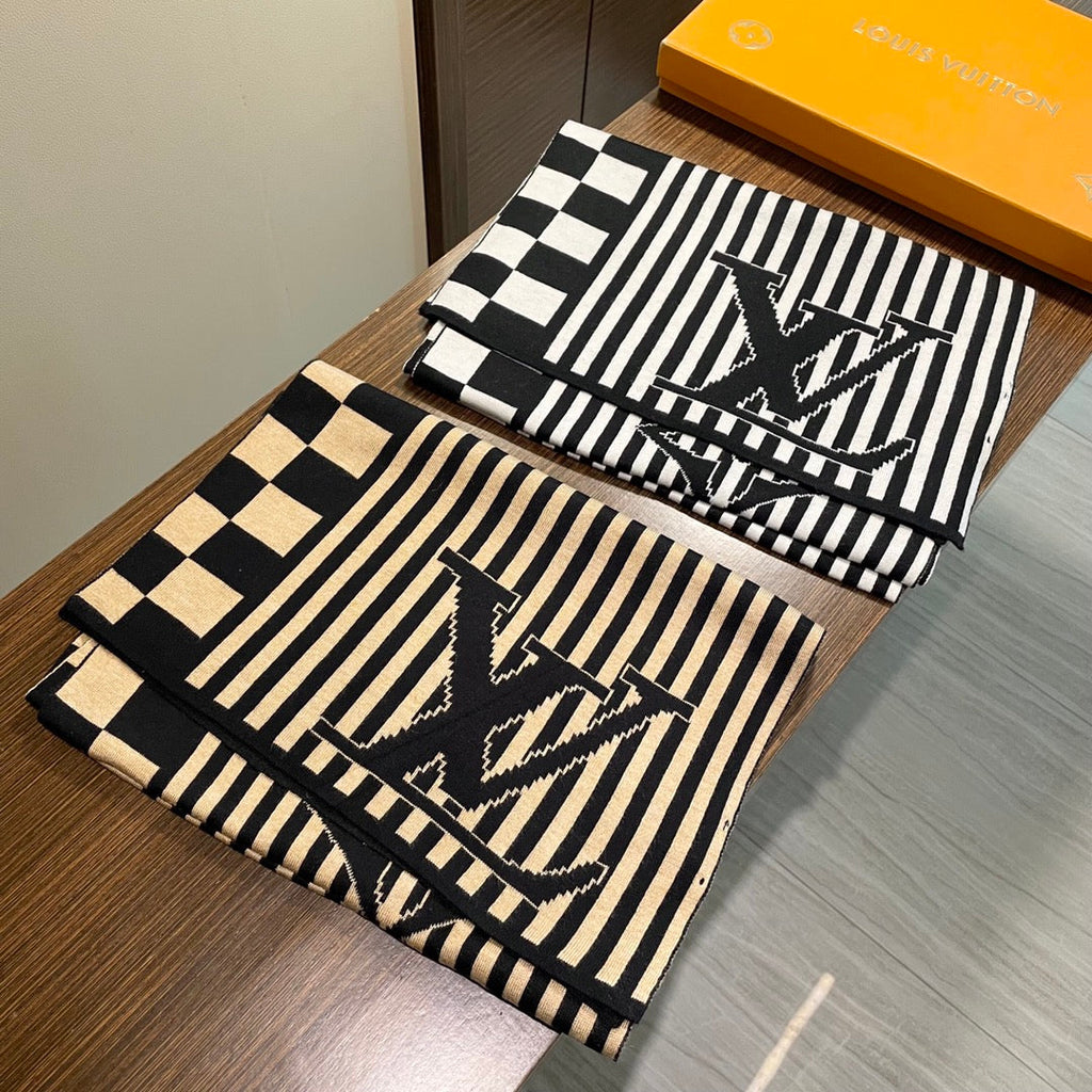 LOUIS VUITTON GRAPHICAL 180 CM SCARF IN TORTILLA BROWN MIX BLACK CASHMERE 388202