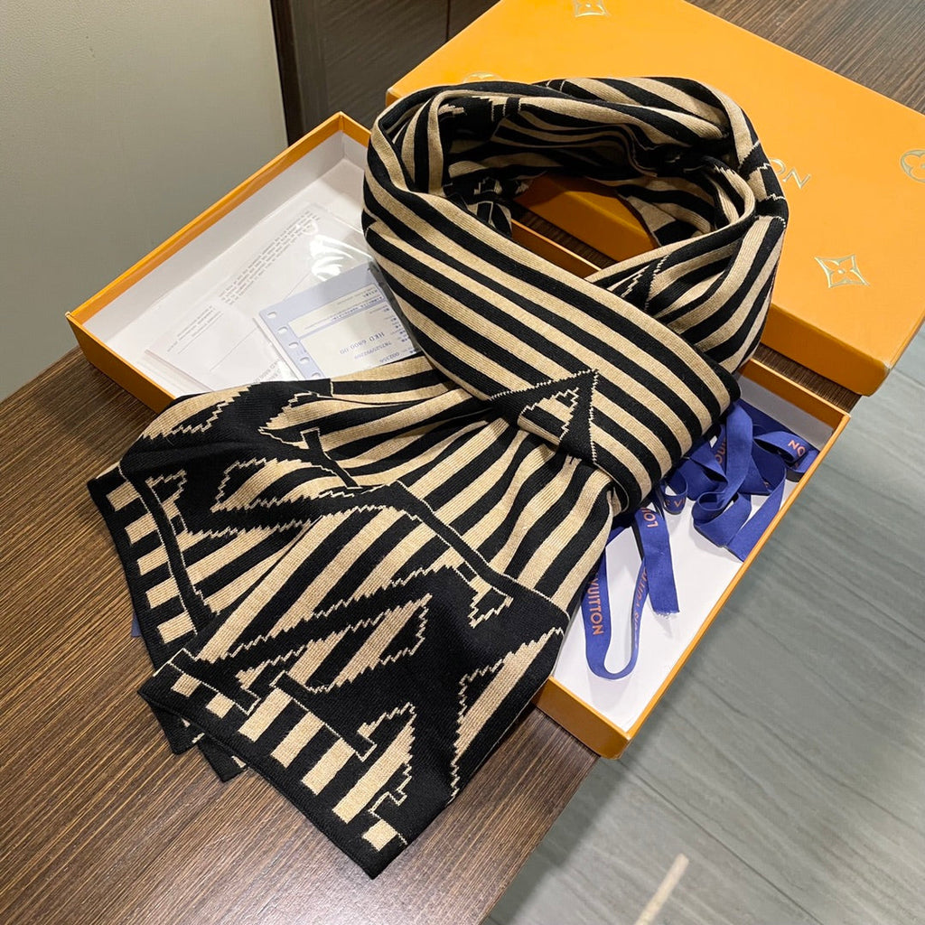 LOUIS VUITTON GRAPHICAL 180 CM SCARF IN TORTILLA BROWN MIX BLACK CASHMERE 388202