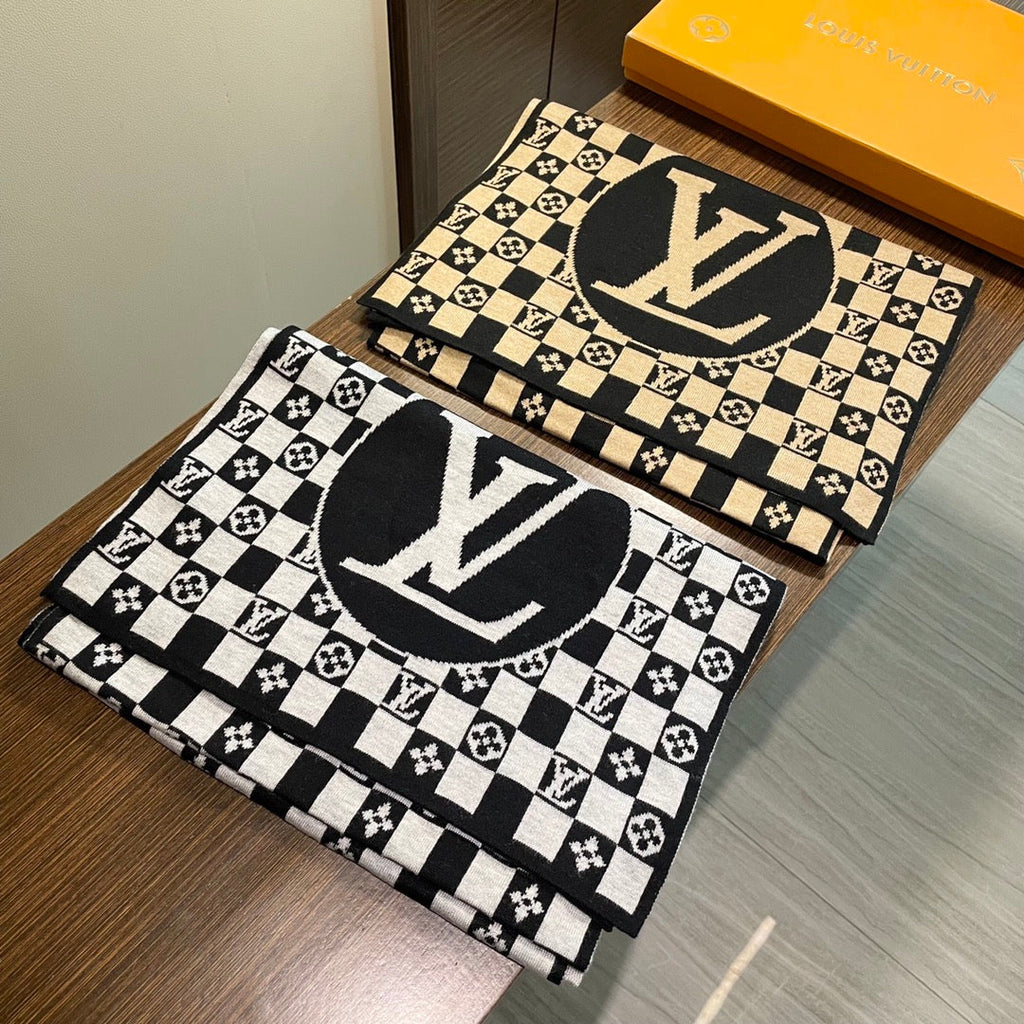 LOUIS VUITTON CLASSIC DAMIER SCARF 200 CM IN TORTILLA BROWN MIX BLACK CASHMERE 389749