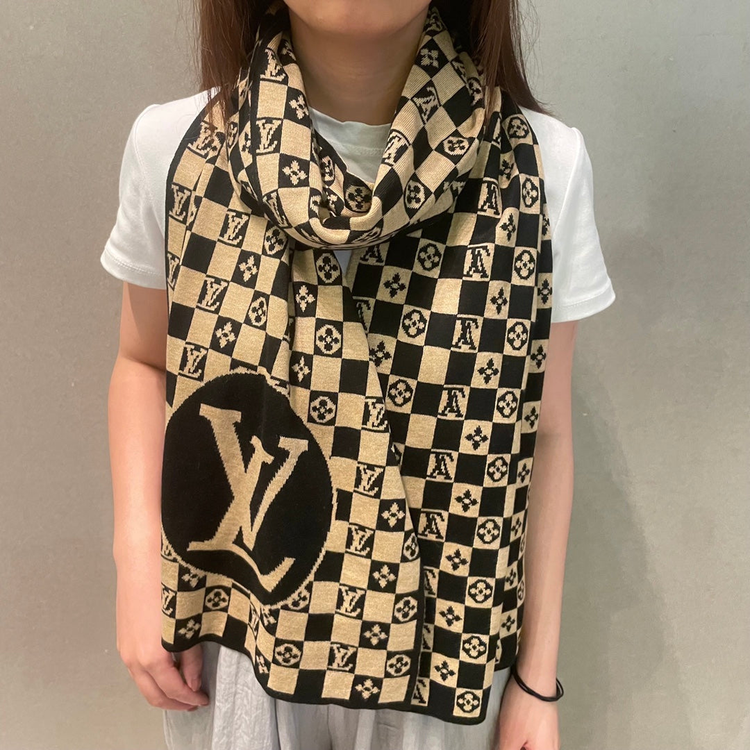 LOUIS VUITTON CLASSIC DAMIER SCARF 200 CM IN TORTILLA BROWN MIX BLACK CASHMERE 389749