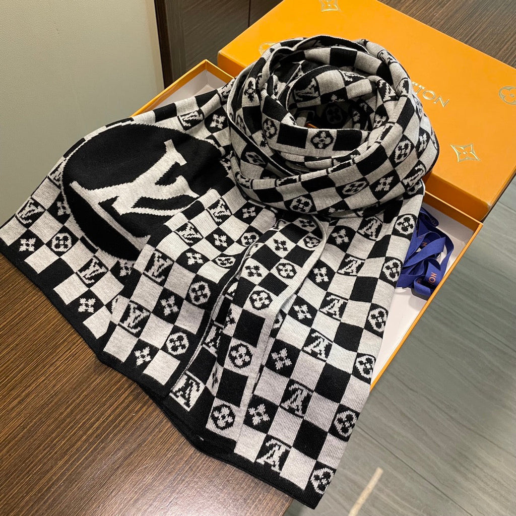 LOUIS VUITTON CLASSIC DAMIER SCARF 200 CM IN BLACK MIX WHITE CASHMERE 389750