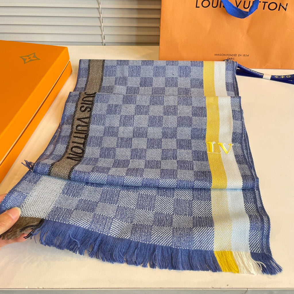 LOUIS VUITTON DAMIER SCARF 190 CM IN SAPPHIRE BLUE CASHMERE 391146