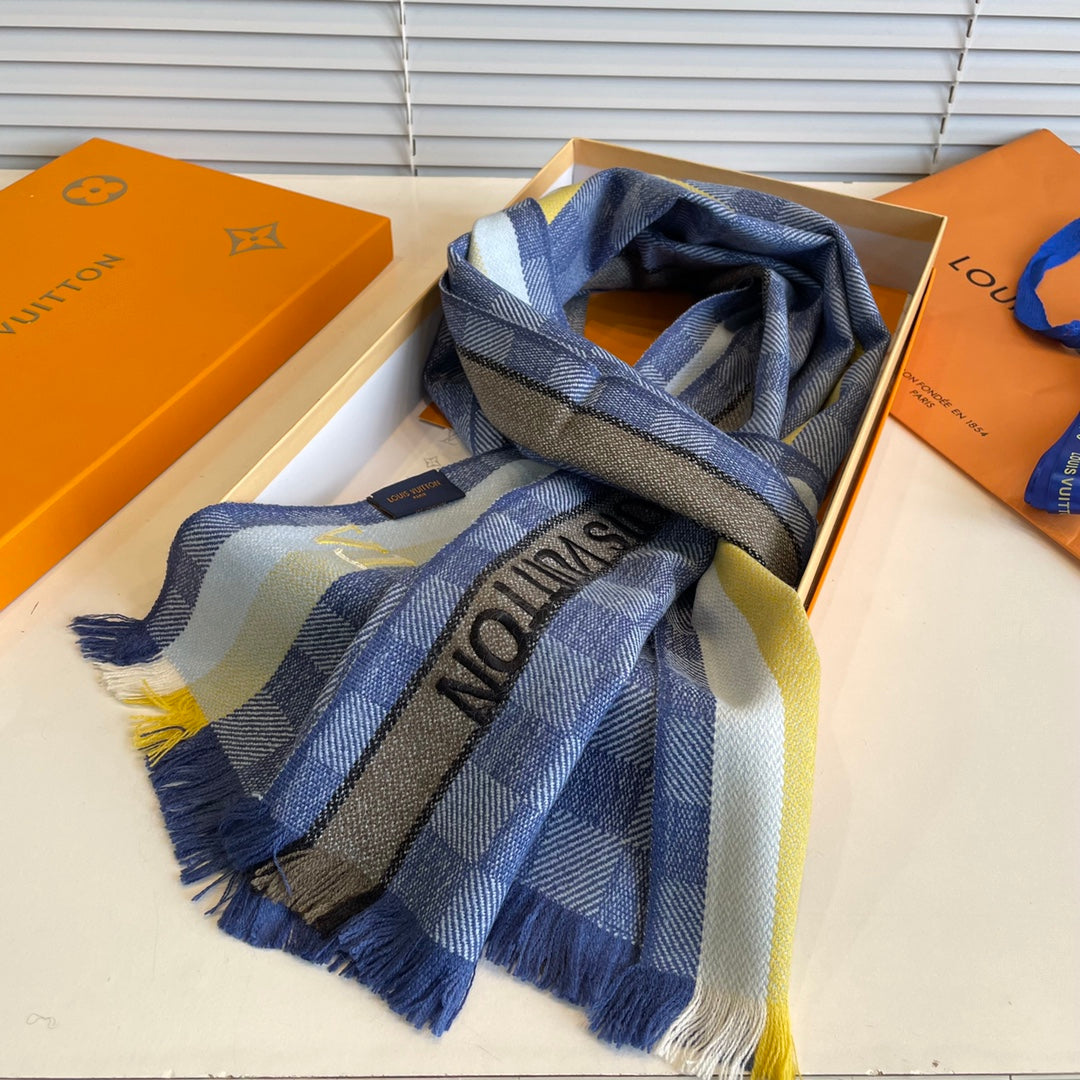 LOUIS VUITTON DAMIER SCARF 190 CM IN SAPPHIRE BLUE CASHMERE 391146