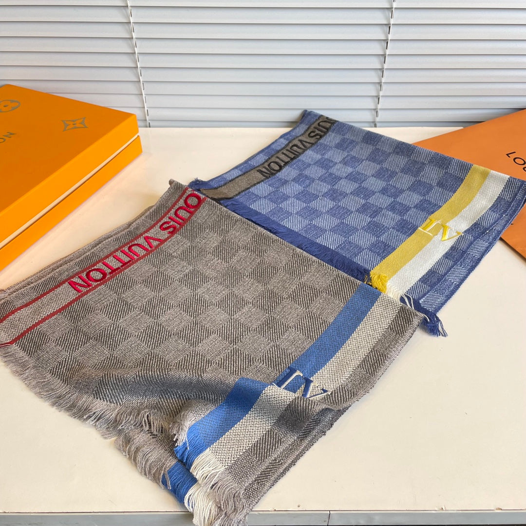LOUIS VUITTON DAMIER SCARF 190 CM IN SAPPHIRE BLUE CASHMERE 391146