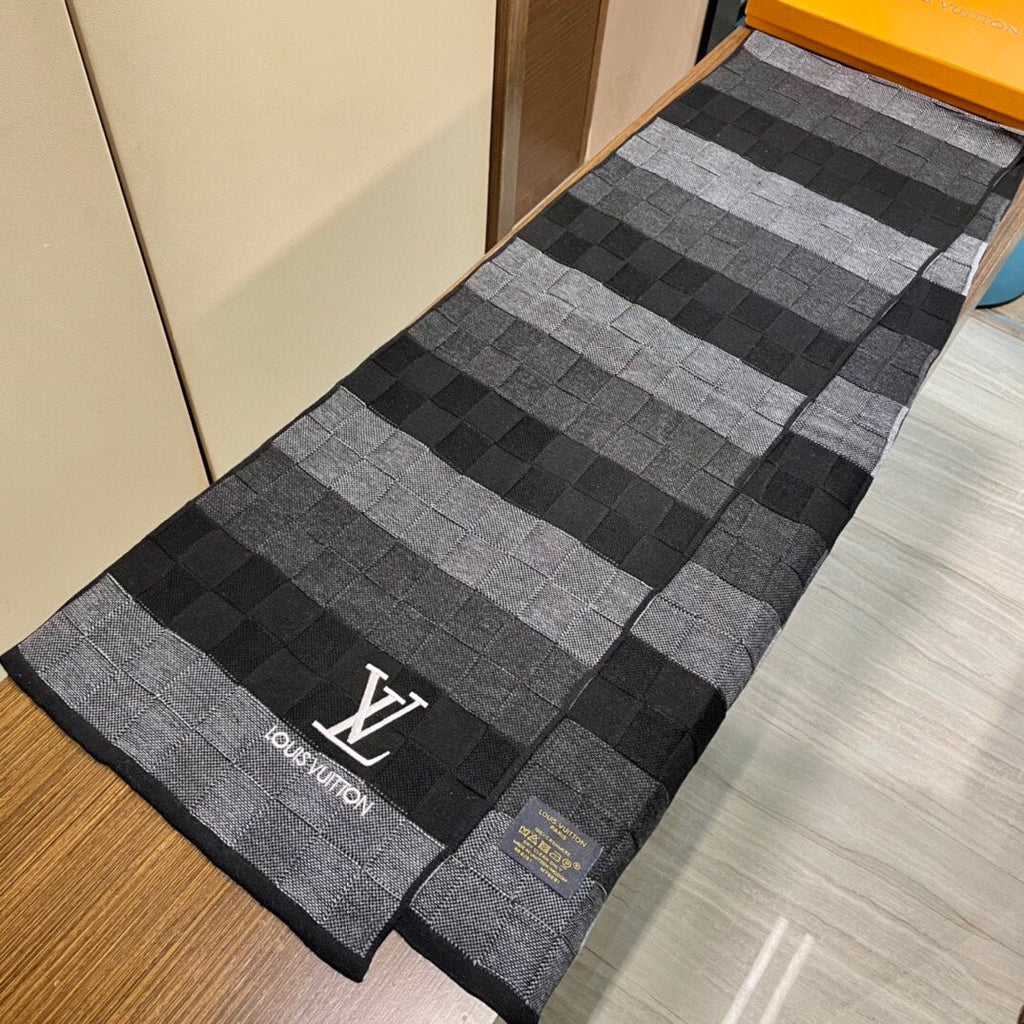 LOUIS VUITTON DAMIER HERITAGE SCARF 180 CM IN BLACK MIX GRAY CASHMERE 391150