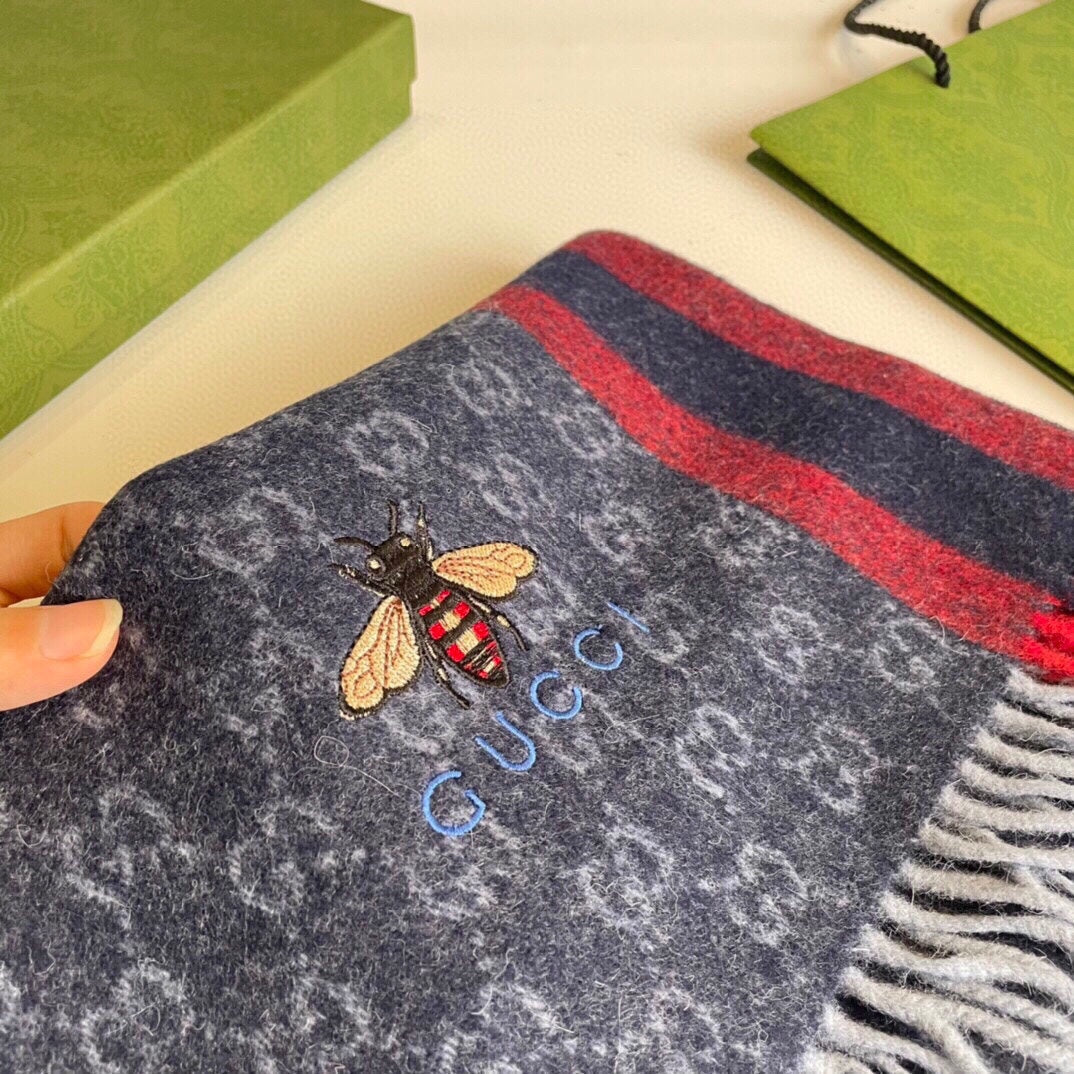 GUCCI STRIPED SCARF 200 CM IN DARK GRAY CASHMERE WITH EMBROIDERED BEE 398533