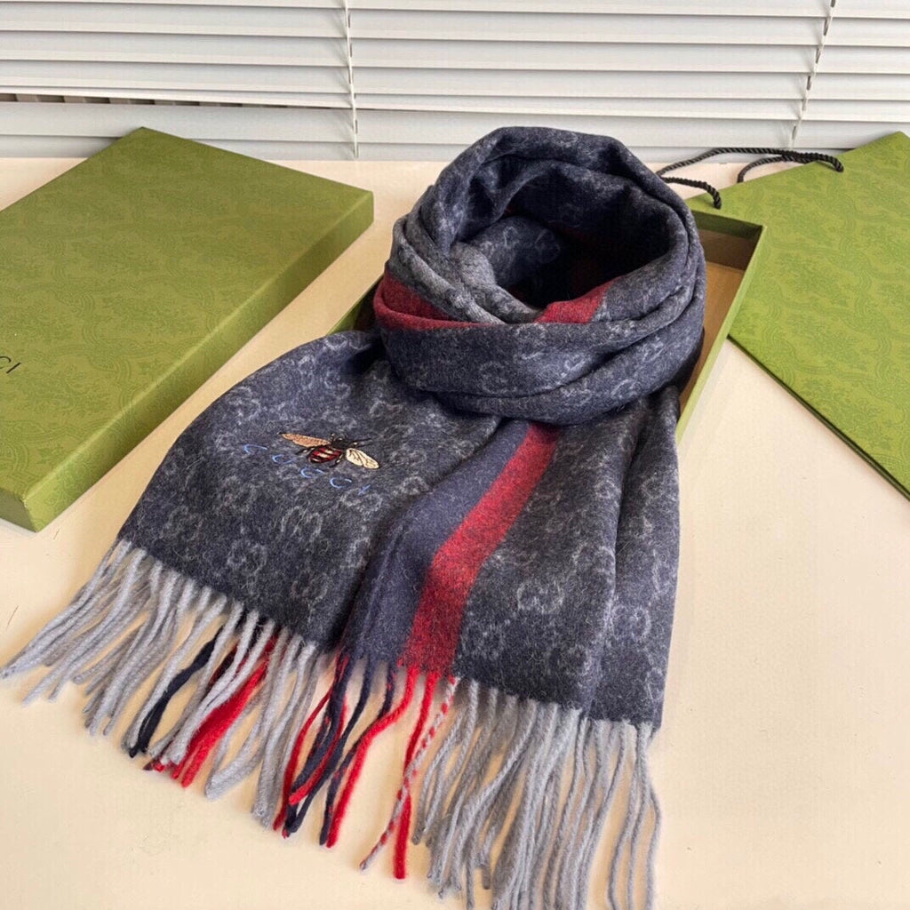 GUCCI STRIPED SCARF 200 CM IN DARK GRAY CASHMERE WITH EMBROIDERED BEE 398533