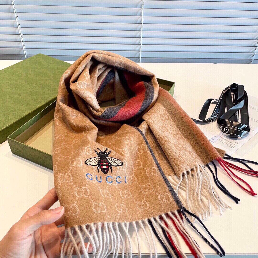 GUCCI STRIPED SCARF 200 CM IN TAWNY BROWN CASHMERE WITH EMBROIDERED BEE 398532