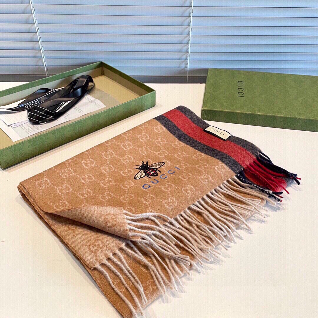 GUCCI STRIPED SCARF 200 CM IN TAWNY BROWN CASHMERE WITH EMBROIDERED BEE 398532