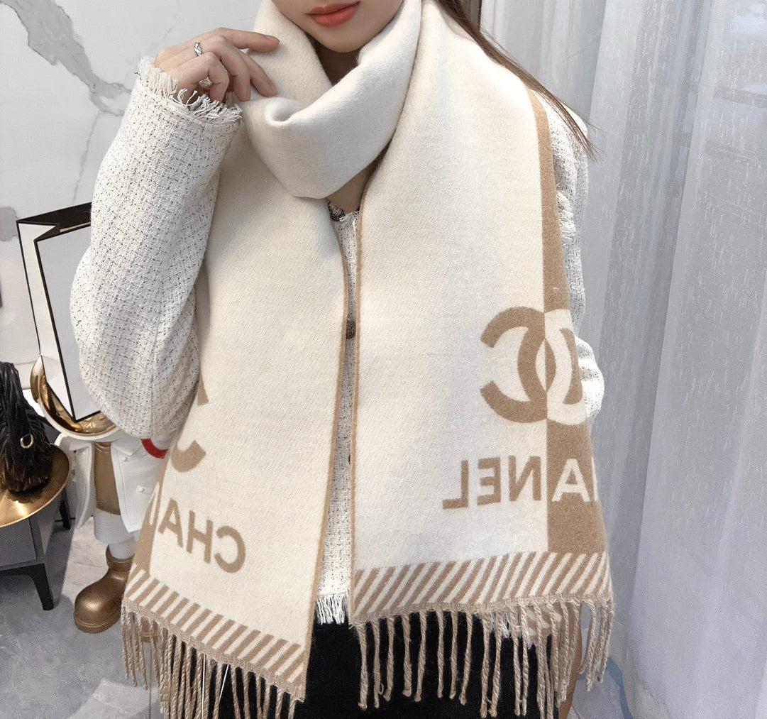 CHANEL SCARF 184 CM IN PEANUT BROWN MIX WHITE MERINO WOOL 393121