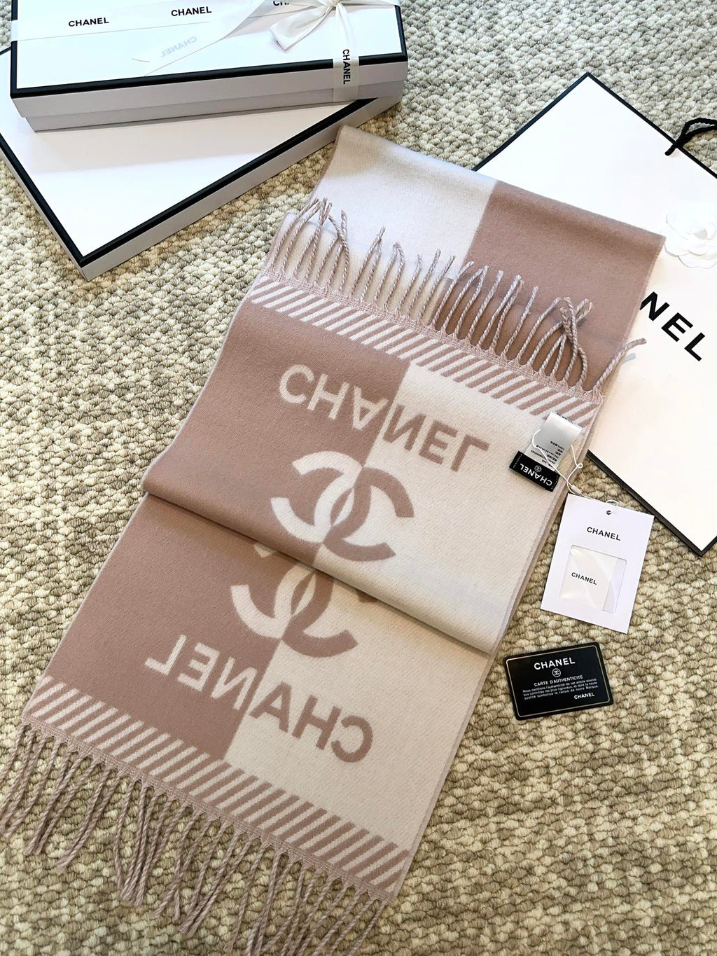 CHANEL SCARF 184 CM IN ROSY BROWN MIX WHITE MERINO WOOL 393119