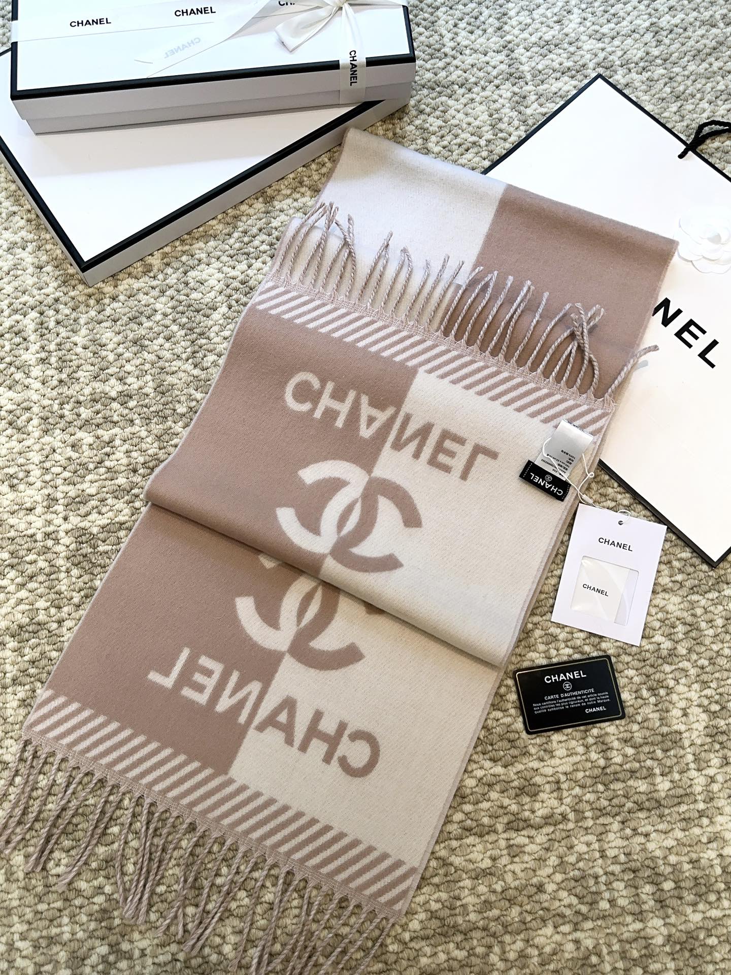 CHANEL SCARF 184 CM IN ROSY BROWN MIX WHITE MERINO WOOL 393119
