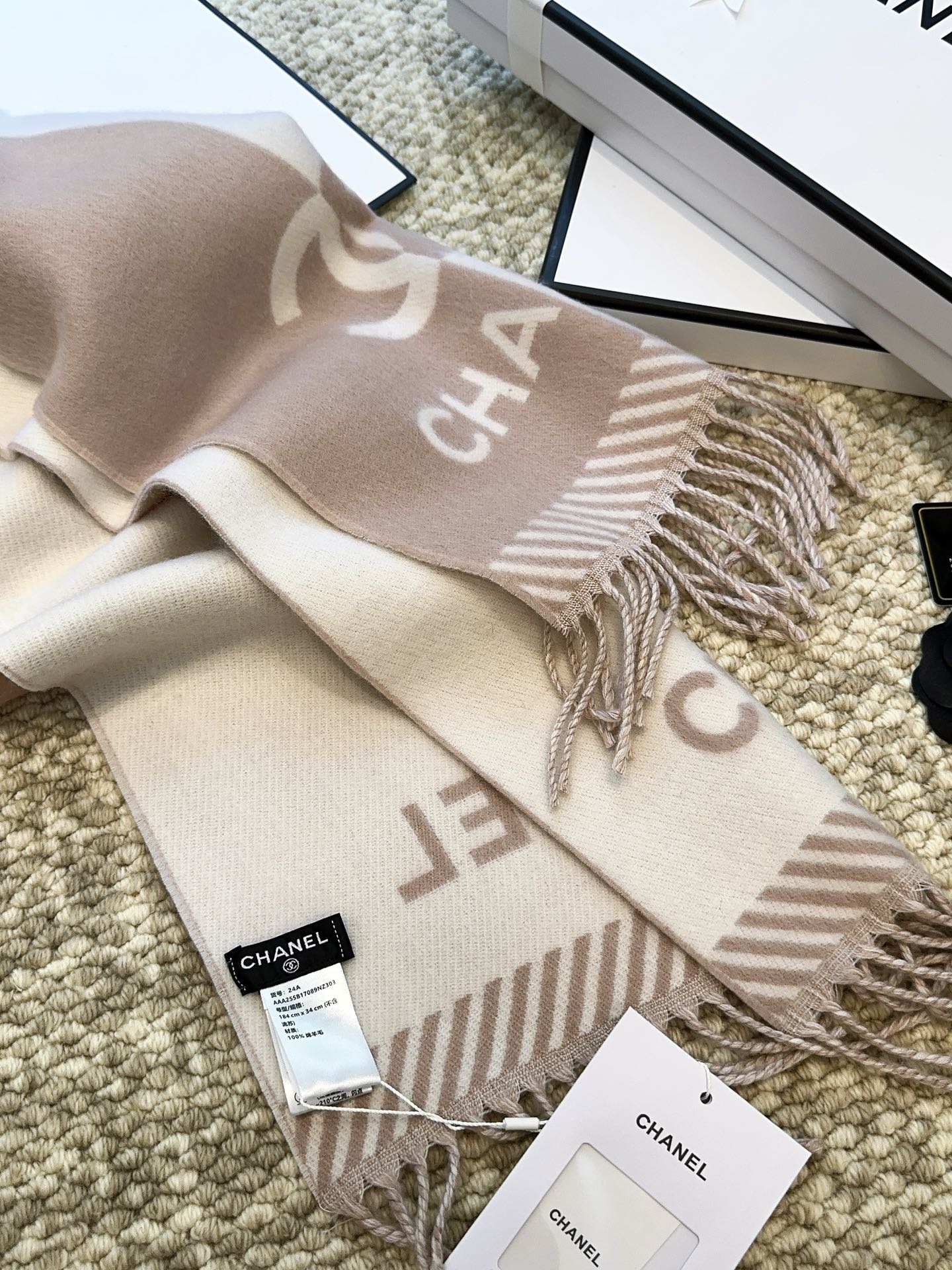 CHANEL SCARF 184 CM IN ROSY BROWN MIX WHITE MERINO WOOL 393119