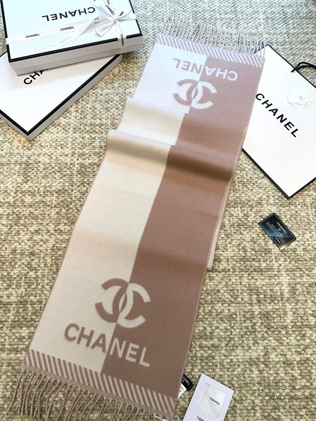CHANEL SCARF 184 CM IN ROSY BROWN MIX WHITE MERINO WOOL 393119