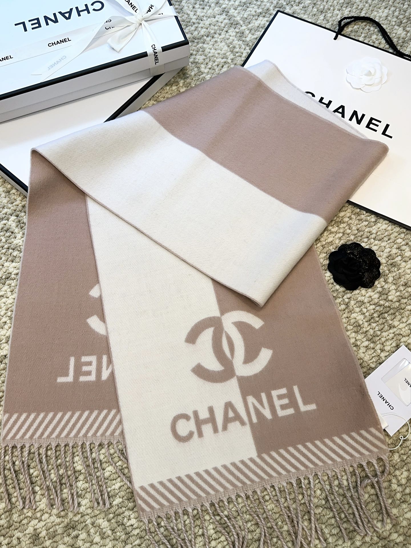 CHANEL SCARF 184 CM IN ROSY BROWN MIX WHITE MERINO WOOL 393119