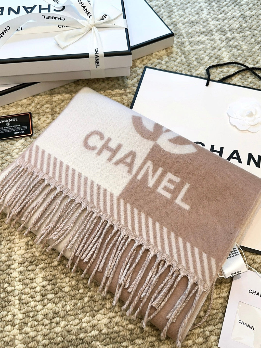 CHANEL SCARF 184 CM IN ROSY BROWN MIX WHITE MERINO WOOL 393119