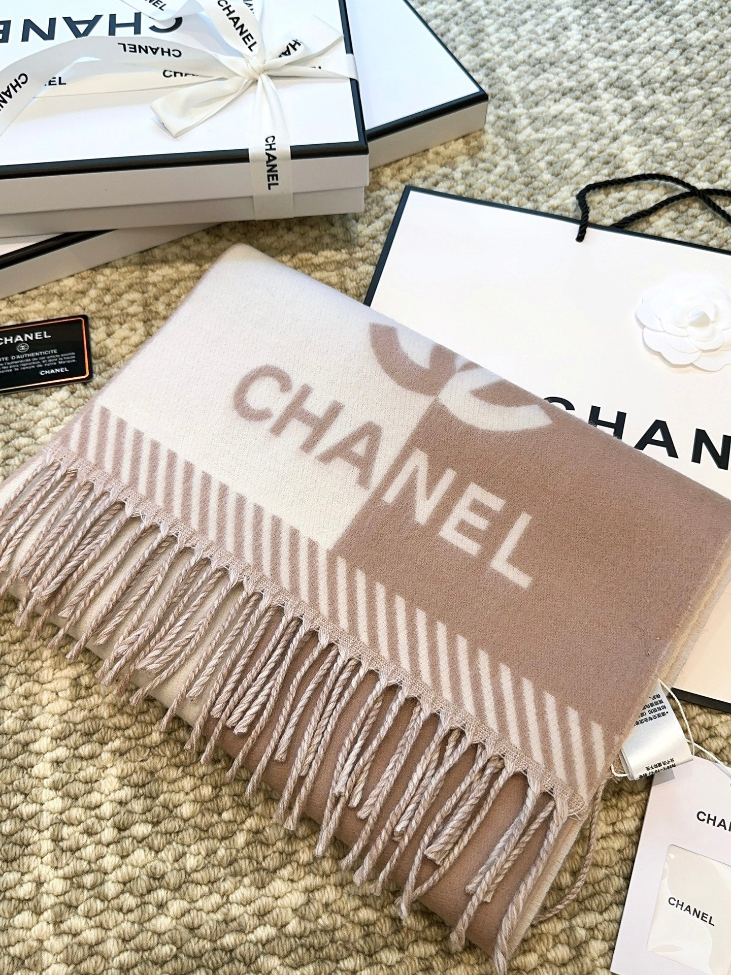 CHANEL SCARF 184 CM IN ROSY BROWN MIX WHITE MERINO WOOL 393119
