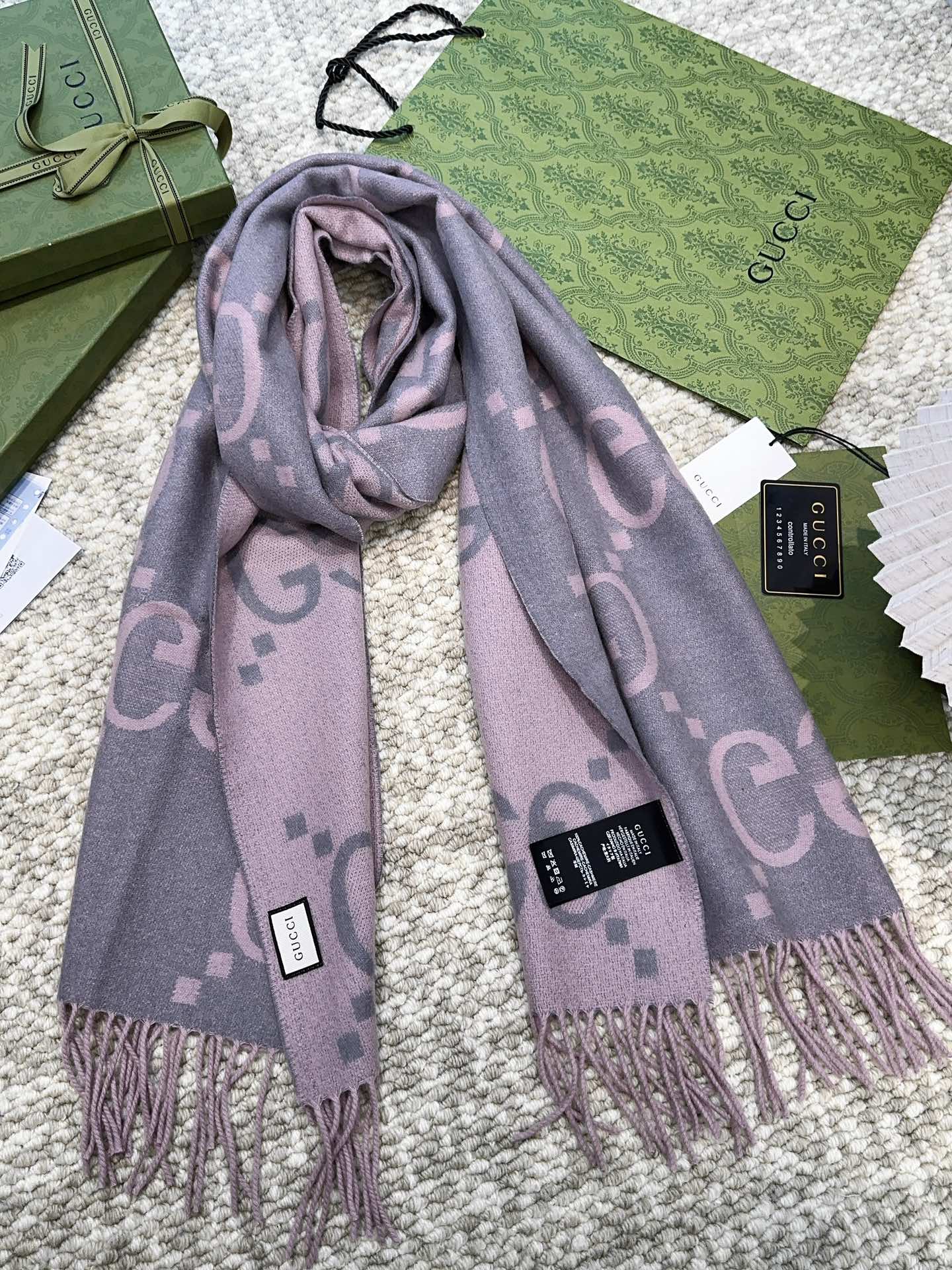 GUCCI SCARF 200 CM IN LIGHT PINK MIX GRAY CASHMERE 396379