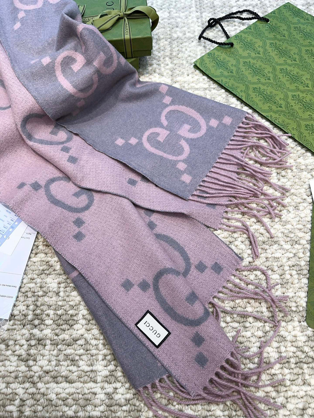 GUCCI SCARF 200 CM IN LIGHT PINK MIX GRAY CASHMERE 396379