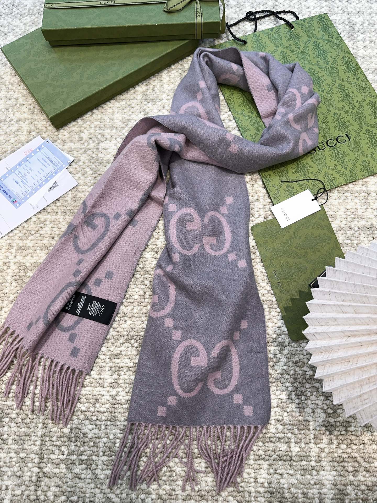 GUCCI SCARF 200 CM IN LIGHT PINK MIX GRAY CASHMERE 396379