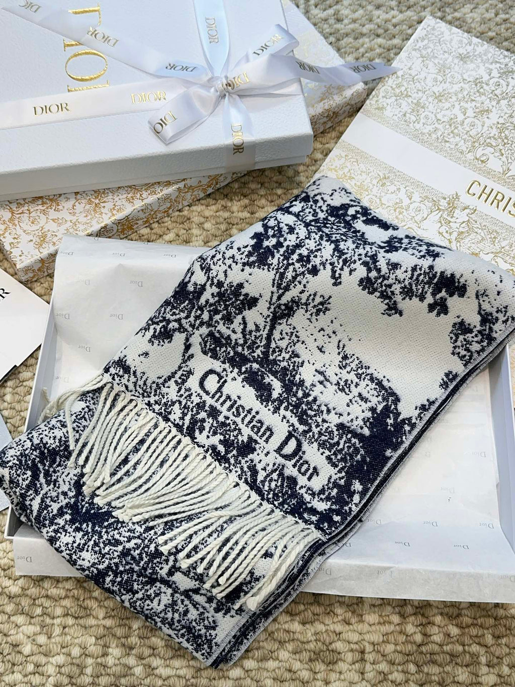 DIOR SCARF 220 CM IN NAVY BLUE MIX WHITE MONOGRAM CASHMERE AND WOOL 413656