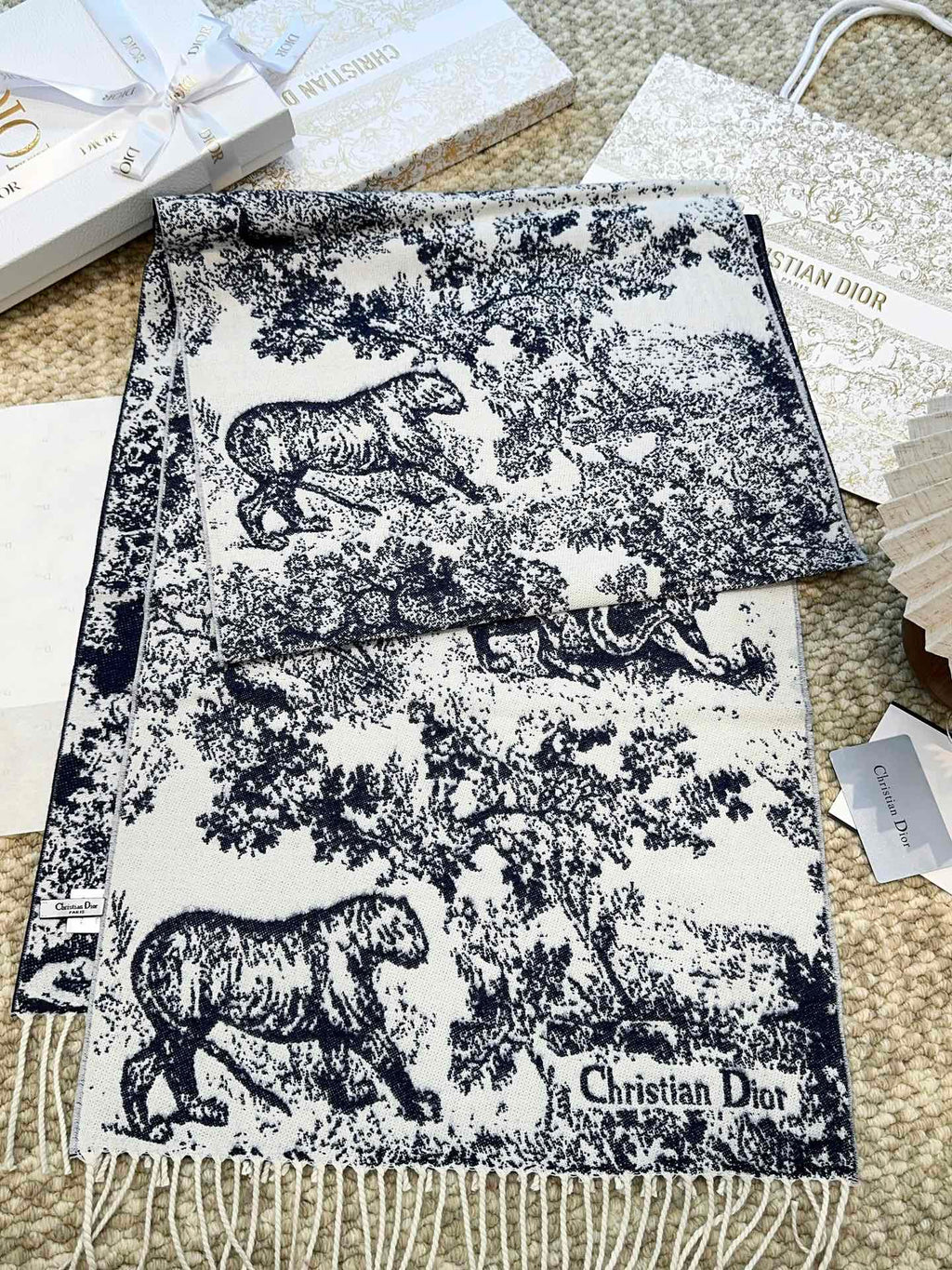 DIOR SCARF 220 CM IN NAVY BLUE MIX WHITE MONOGRAM CASHMERE AND WOOL 413656