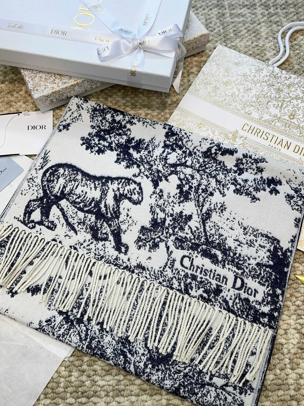 DIOR SCARF 220 CM IN NAVY BLUE MIX WHITE MONOGRAM CASHMERE AND WOOL 413656