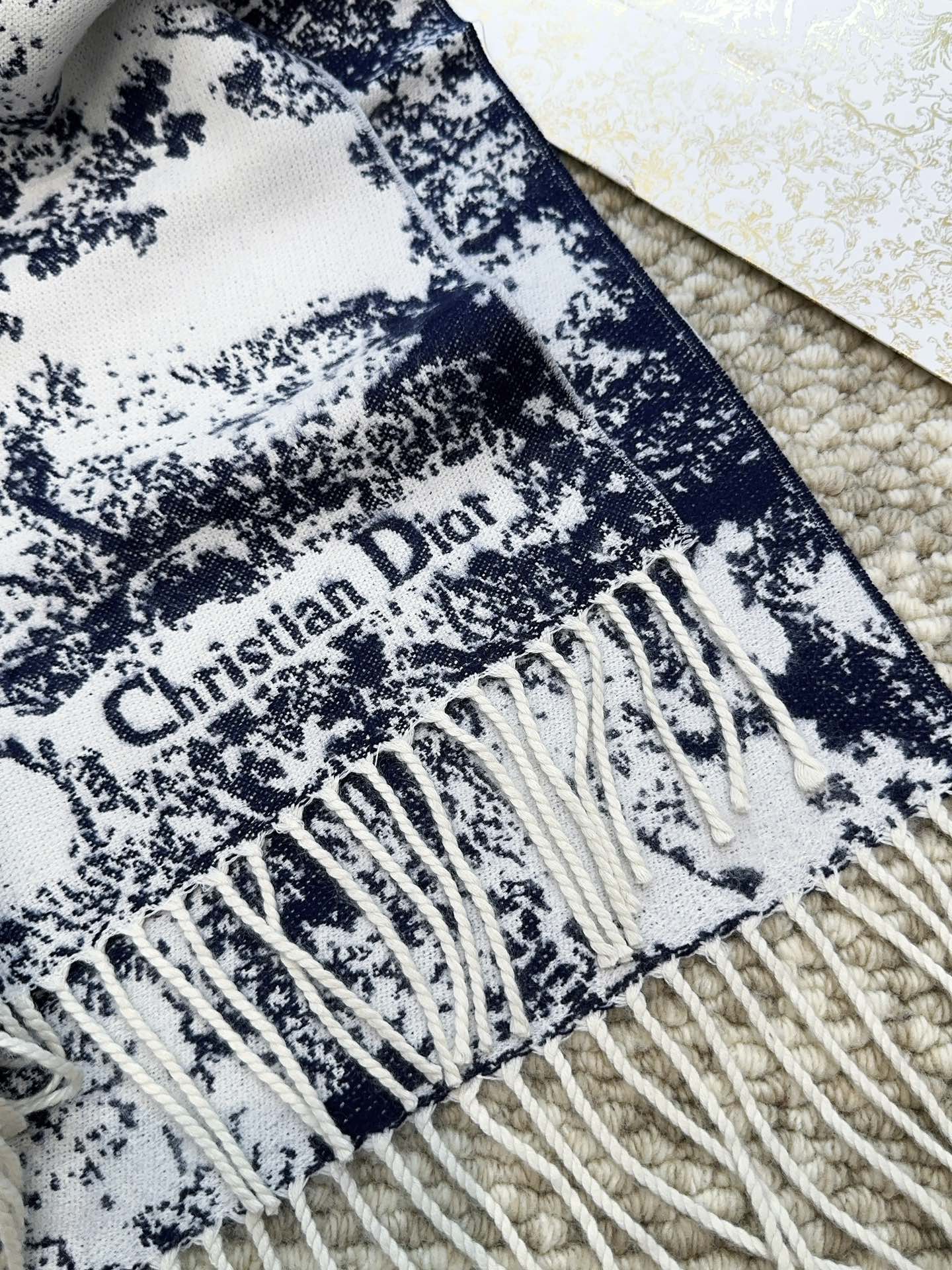 DIOR SCARF 220 CM IN NAVY BLUE MIX WHITE MONOGRAM CASHMERE AND WOOL 413656