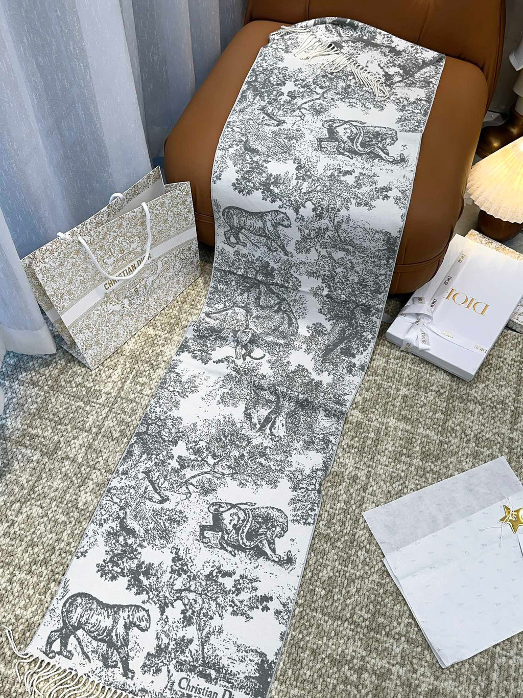 DIOR SCARF 220 CM IN WHITE MIX LIGHT GRAY MONOGRAM CASHMERE AND WOOL 413657