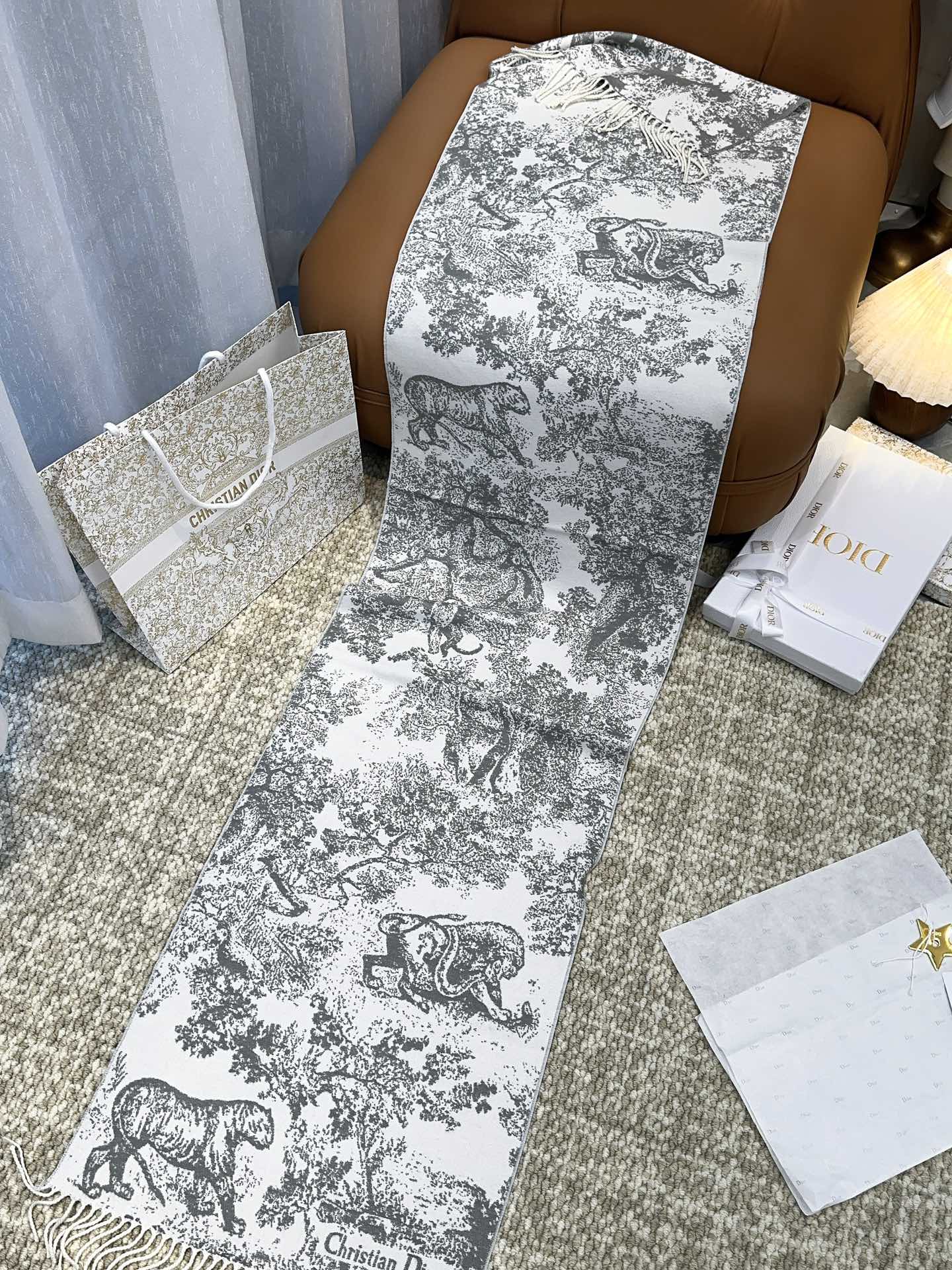 DIOR SCARF 220 CM IN WHITE MIX LIGHT GRAY MONOGRAM CASHMERE AND WOOL 413657