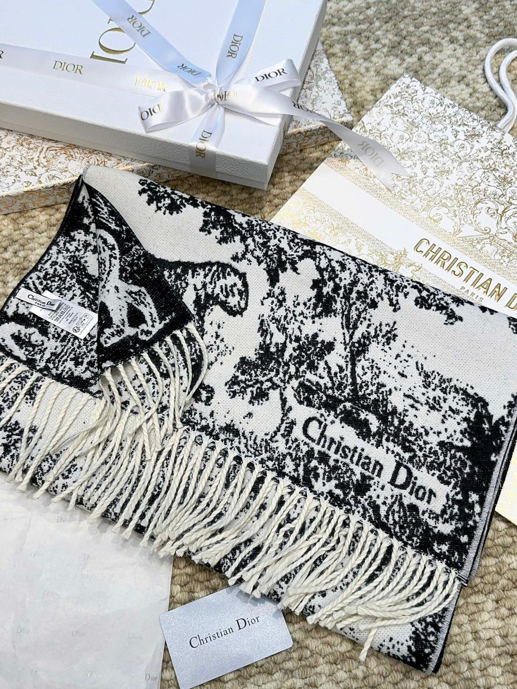 DIOR SCARF 220 CM IN BLACK MIX WHITE MONOGRAM CASHMERE AND WOOL 413658