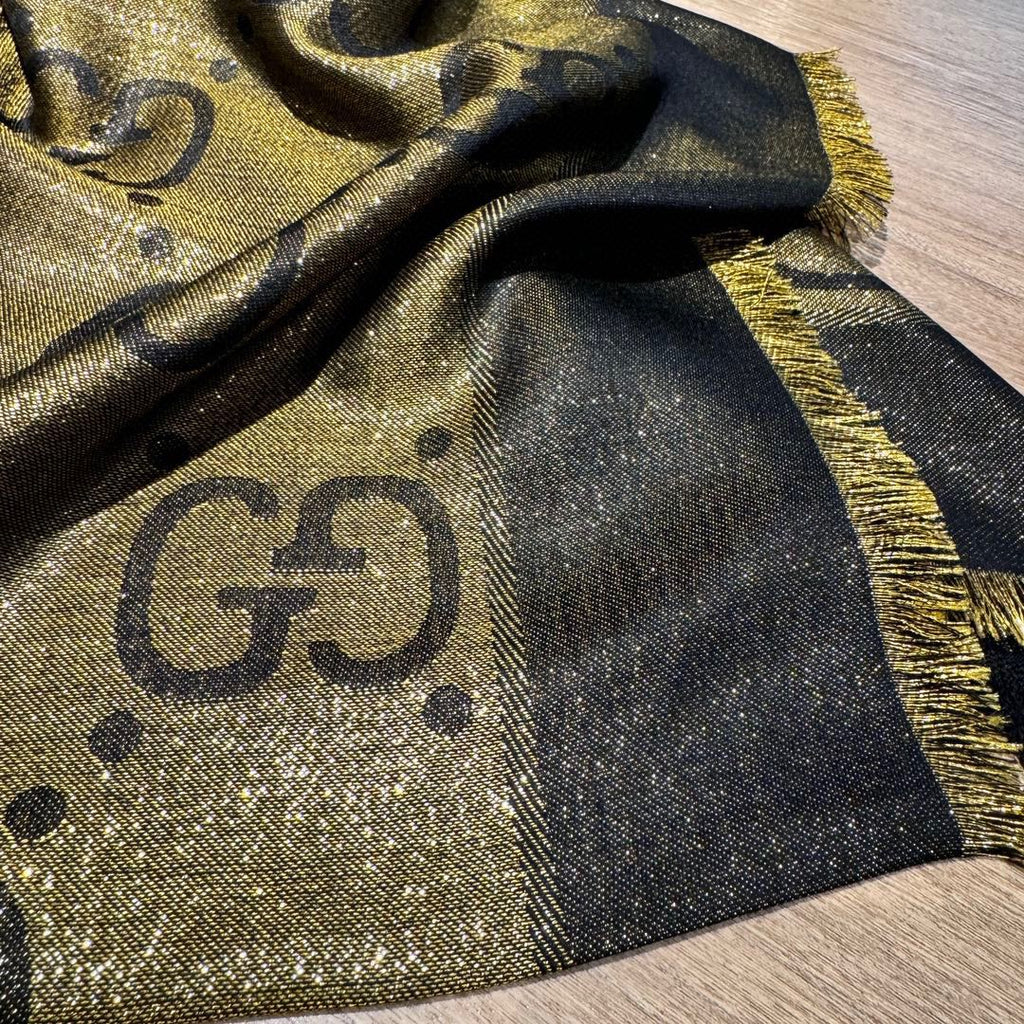 GUCCI JACQUARD SILK WOOL SHAWL 140 CM ANTIQUE GOLD 401258