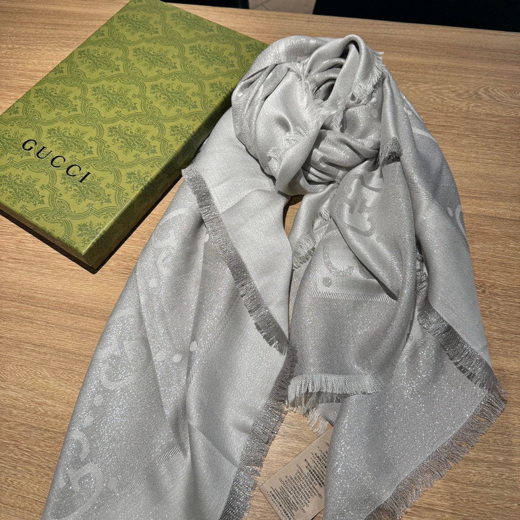 GUCCI JACQUARD SILK WOOL SHAWL 140 CM SILVER GRAY 401259