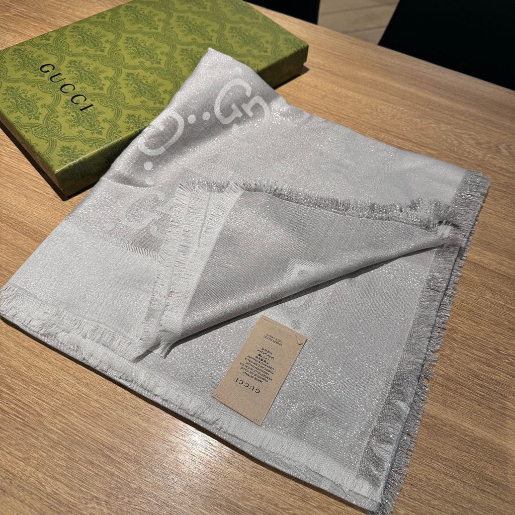 GUCCI JACQUARD SILK WOOL SHAWL 140 CM SILVER GRAY 401259