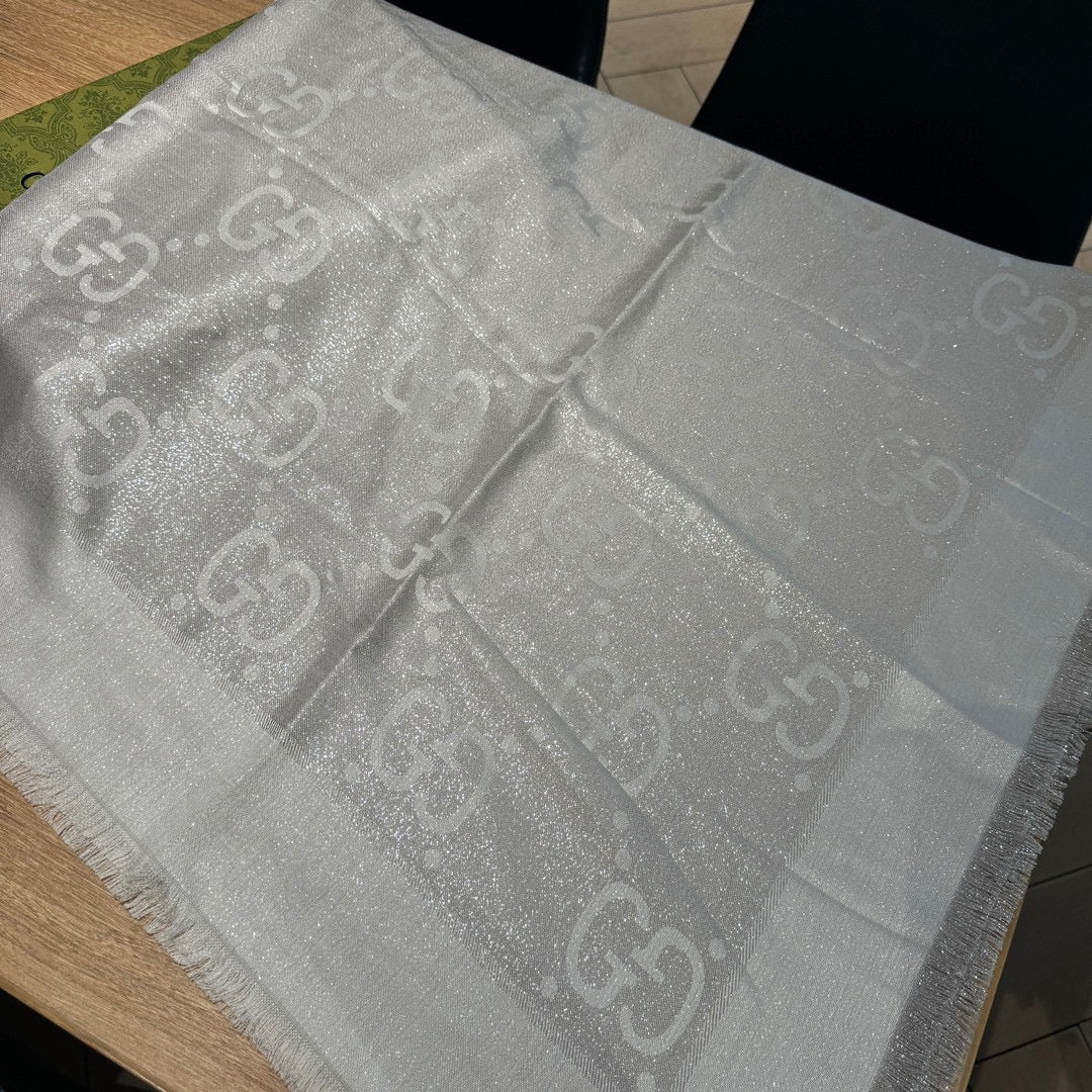 GUCCI JACQUARD SILK WOOL SHAWL 140 CM SILVER GRAY 401259