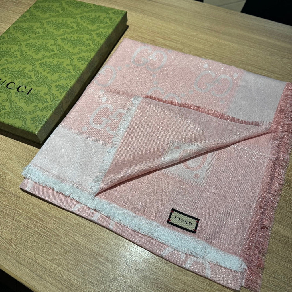 GUCCI JACQUARD SILK WOOL SHAWL 140 CM LIGHT PINK 401260