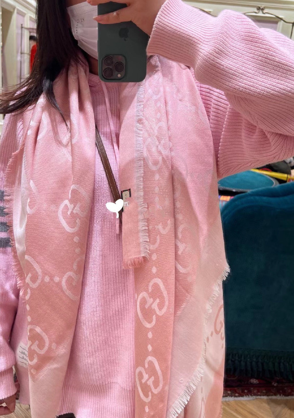 GUCCI JACQUARD SILK WOOL SHAWL 140 CM LIGHT PINK 401260