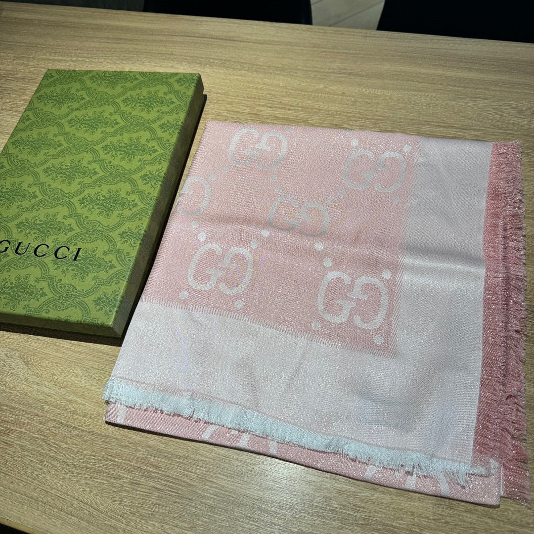 GUCCI JACQUARD SILK WOOL SHAWL 140 CM LIGHT PINK 401260